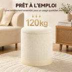 Pouf coffre rangement, tabouret rond en chenille, pouf repose-pieds avec base en métal effet bois, beige-6