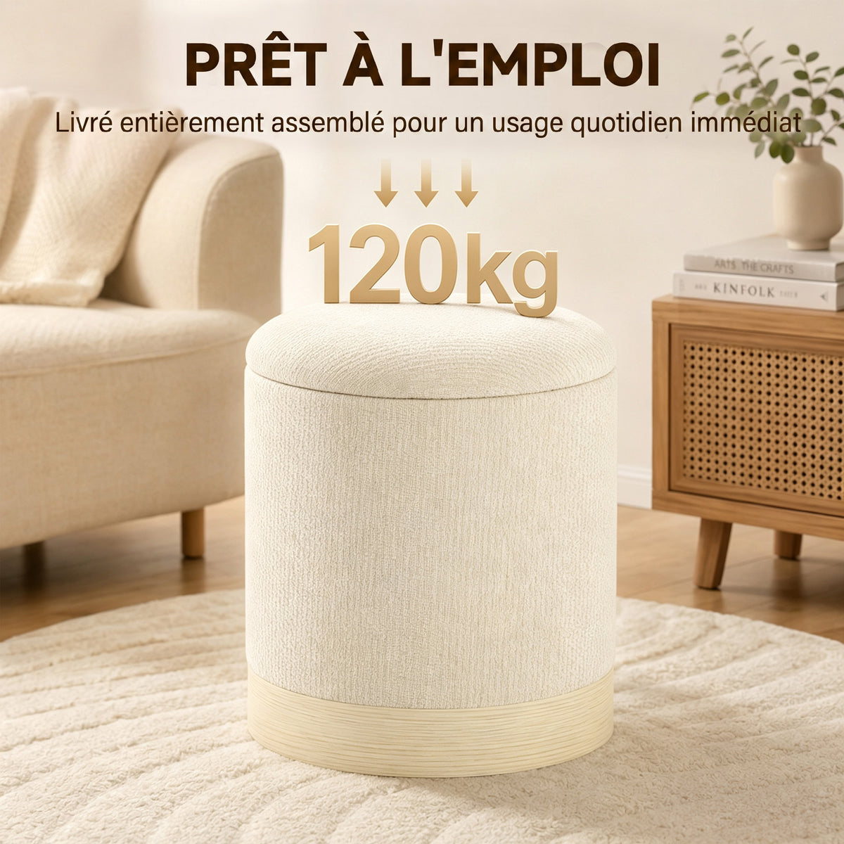 Pouf coffre rangement, tabouret rond en chenille, pouf repose-pieds avec base en métal effet bois, beige-6