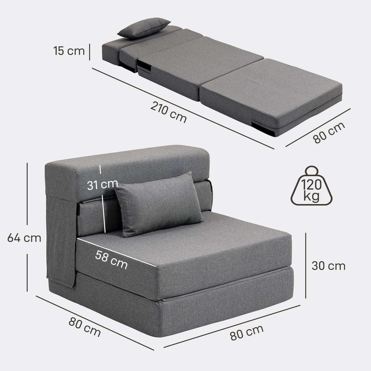 Fauteuil convertible 1 place fauteuil lit pliant, coussin inclus, pour invités, salon, petit espace, charge 120 kg, gris-2