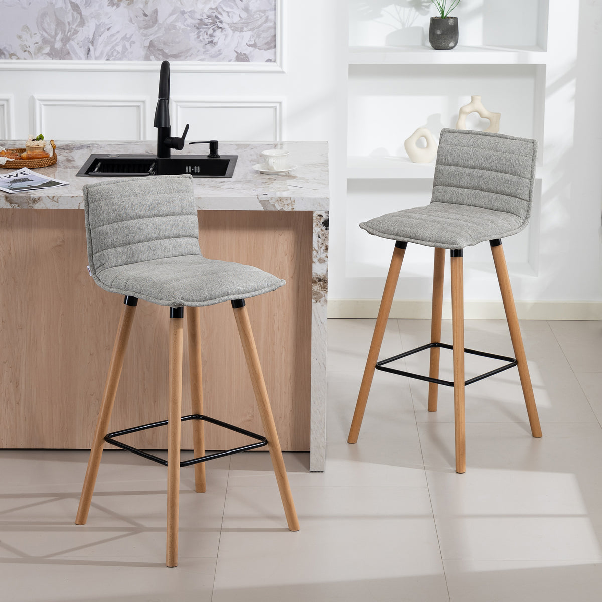 Lot de 2 tabourets de bar, chaises de bar, assise rembourrée, dossier et repose-pieds, 48 x 48 x 99,5 cm, gris-1