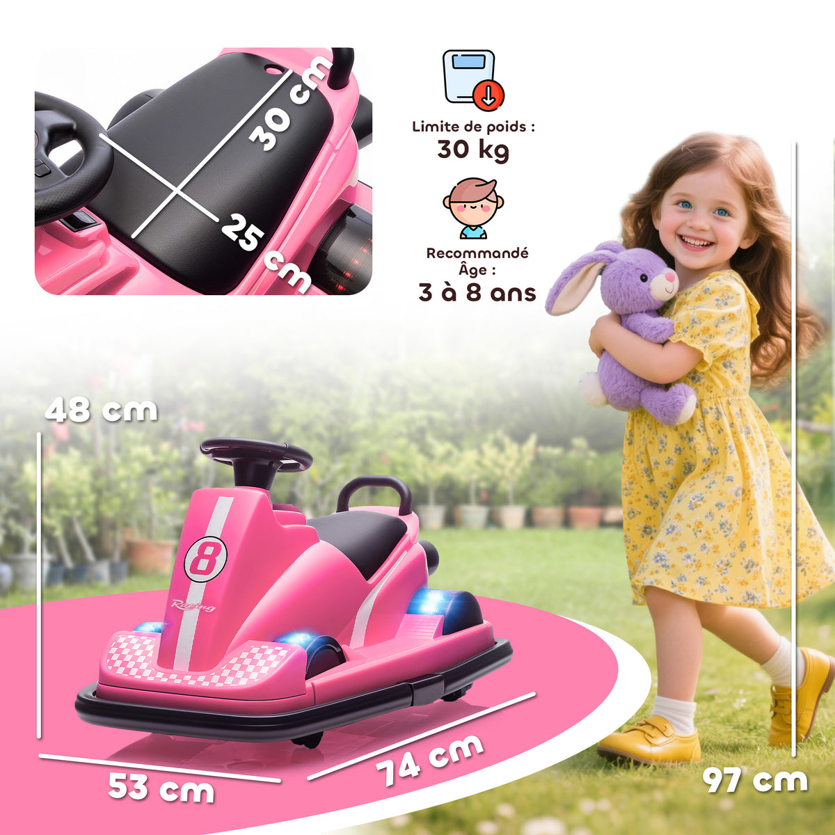 Auto-Tamponneuse Enfant 6V, Rotation à 360°, Musique, Klaxon, Démarrage Doux, 2,5 km/h, pour Âges 3-8, 74x53x48cm, Rose-2