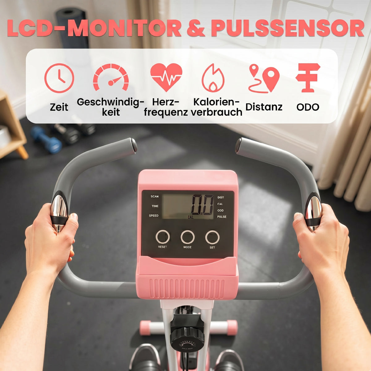 Vélo d'Appartement Pliable 4-en-1 - Ergomètre Magnétique Silencieux avec Cordes de Résistance - Sport Maison et Cardio-training avec Roulettes, Selle Confort et LCD (Max 120kg), Rose-3