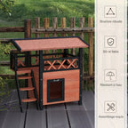 Cabane Chat Extérieur avec Terrasse, Escalier, Toit, Niche Villa, 77 x 50 x 73 cm Marron et Rouge-5