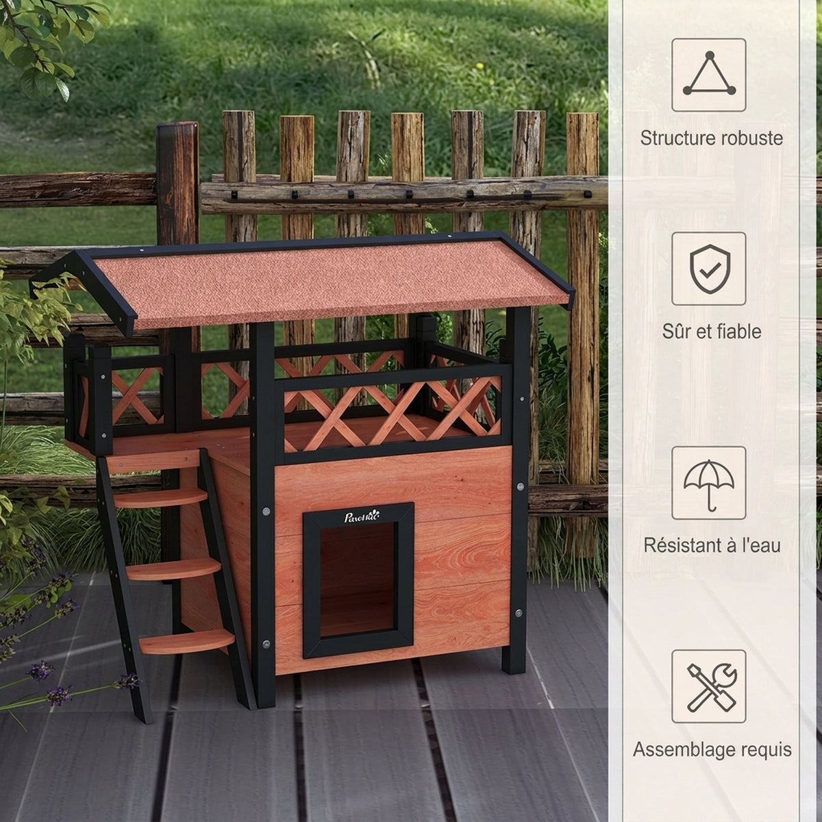 Cabane Chat Extérieur avec Terrasse, Escalier, Toit, Niche Villa, 77 x 50 x 73 cm Marron et Rouge-5