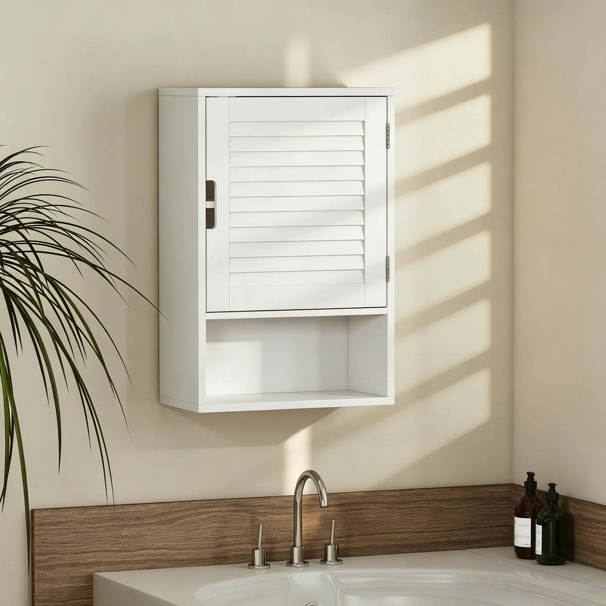Armoire murale de salle de bain avec porte à lattes, étagère réglable et compartiment ouvert, 40x20x60cm, blanc-1