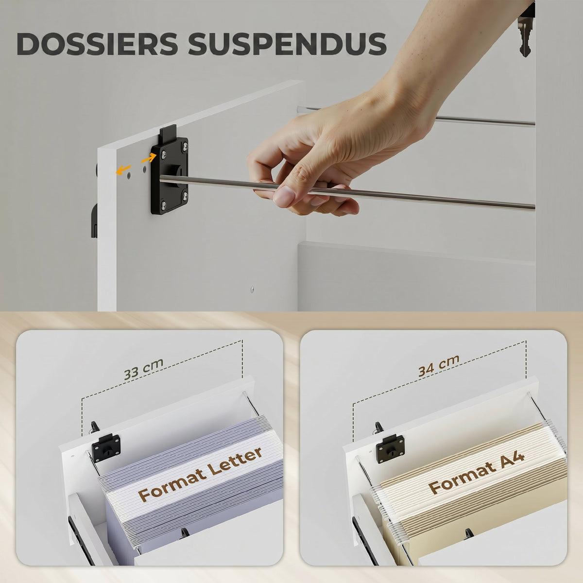Caisson bureau mobile à 2 tiroirs, meuble rangement bureau sur roulettes pour documents suspendus format lettre, blanc-4