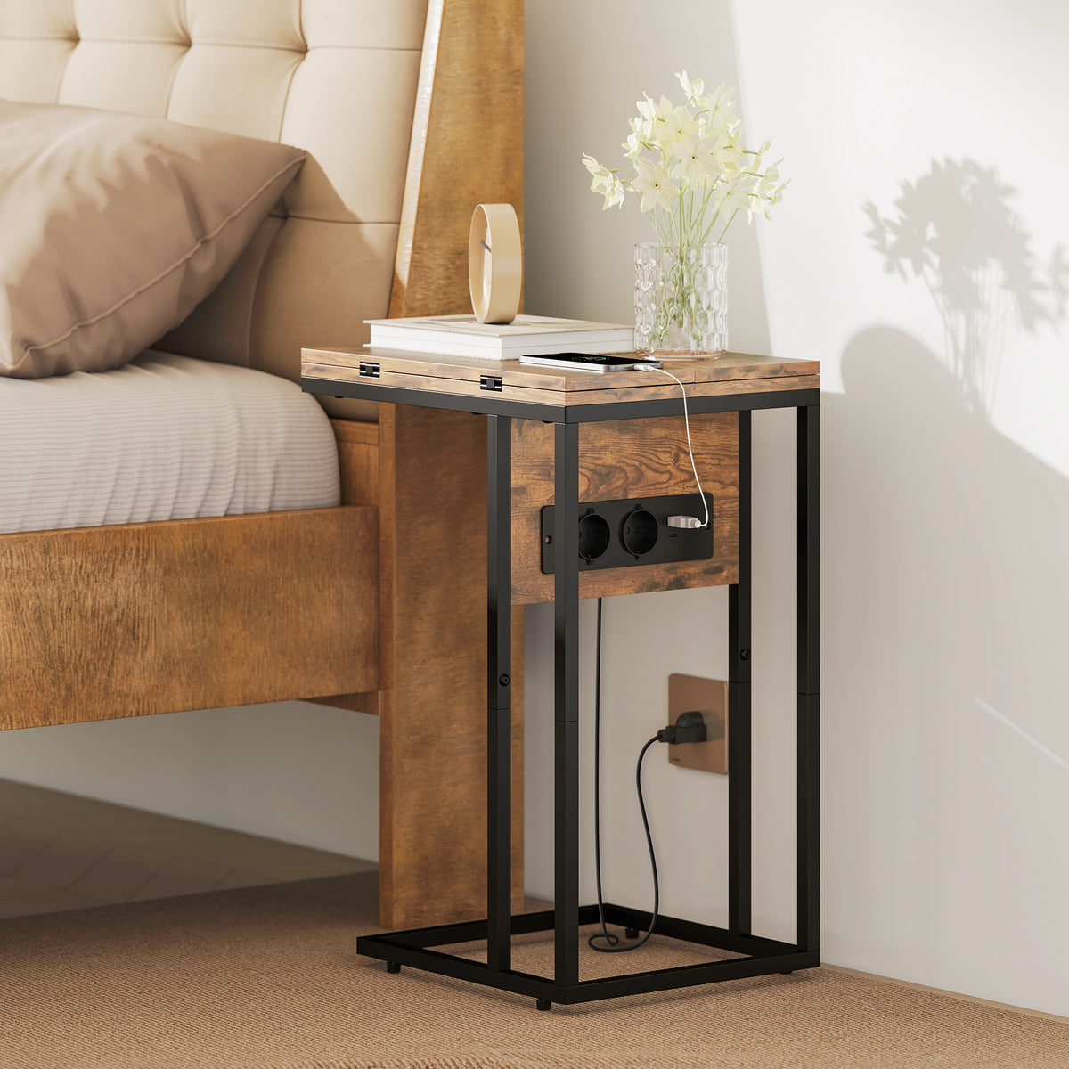 Table d'appoint bout de canapé avec station de charge, plateau pliable, 39 x 29 x 57 cm, brun rustique et noir-7