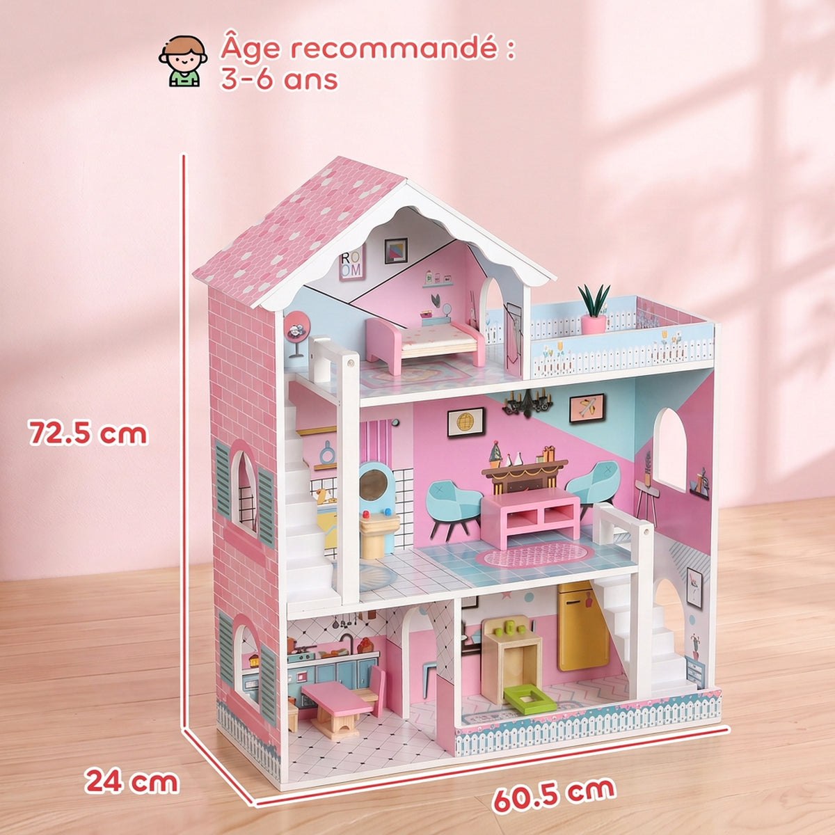 Maison de Poupée en Bois pour Enfants, Maison de Rêve Filles à 3 Étages avec Balcon, Escaliers et 10 Accessoires, Rose-2