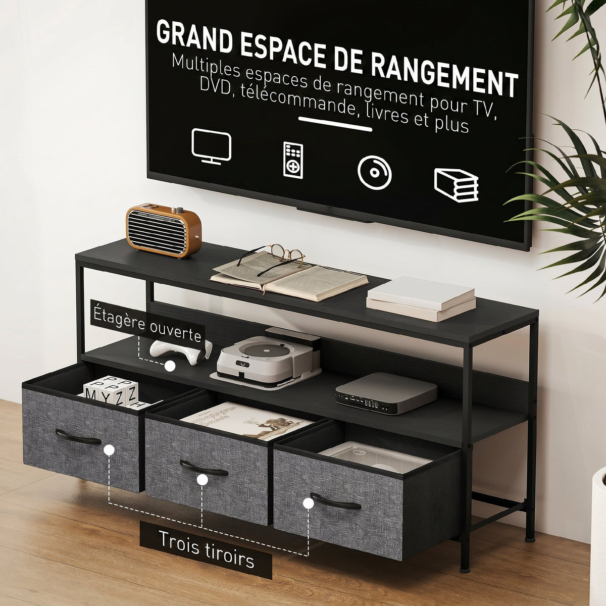 Meuble TV, meuble télé pour téléviseur jusqu'à 55 pouces avec 3 tiroirs et pieds en acier 120 x 29 x 56 cm noir-4