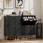 Meuble à chaussures 20 paires avec 4 tiroirs rabattables, portes cannelées et étagères réglables, 105x24x91,5cm, noir-9