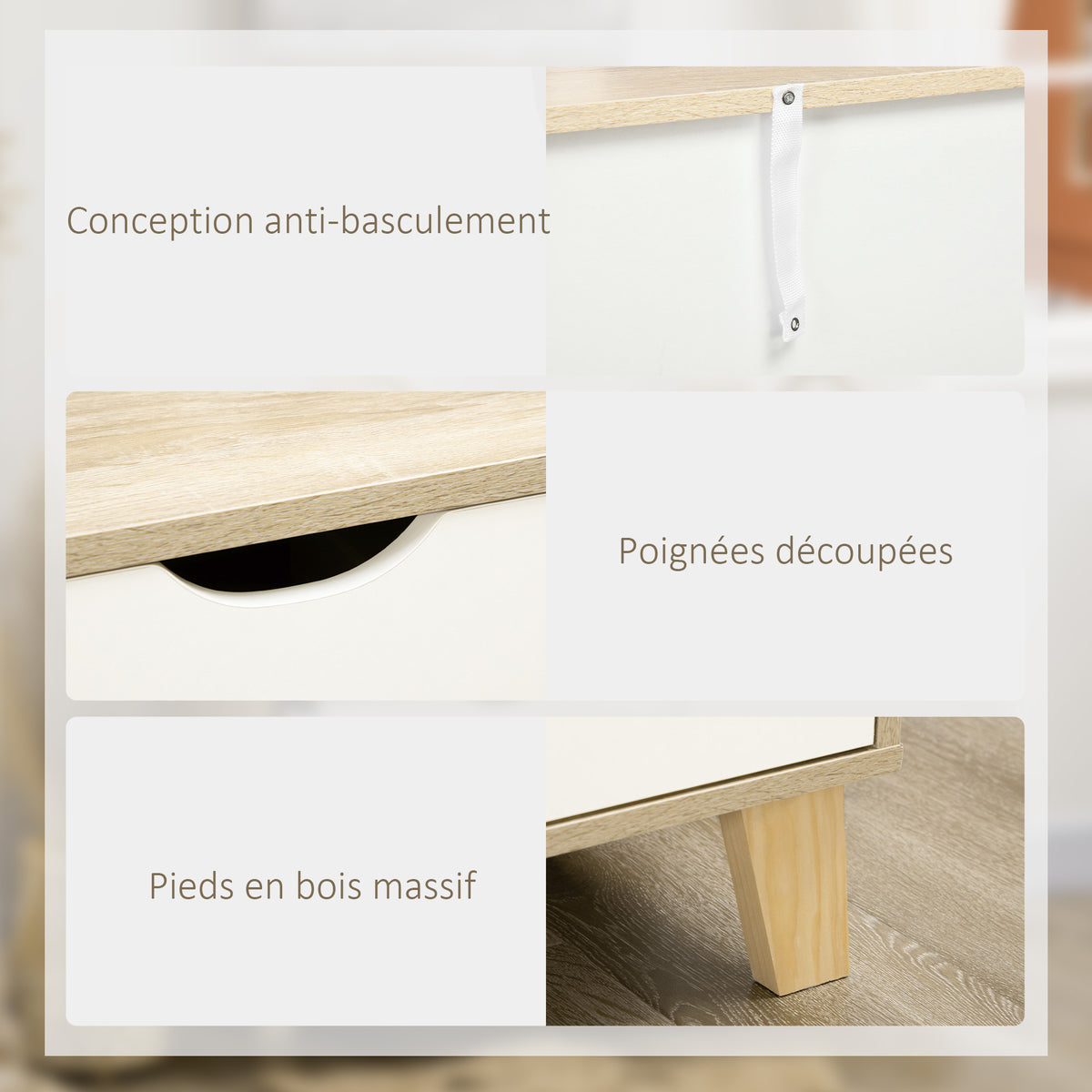 Commode 6 tiroirs style scandinave, meuble de rangement - dim. 120l x 40P x 76H cm, chêne et beige-5