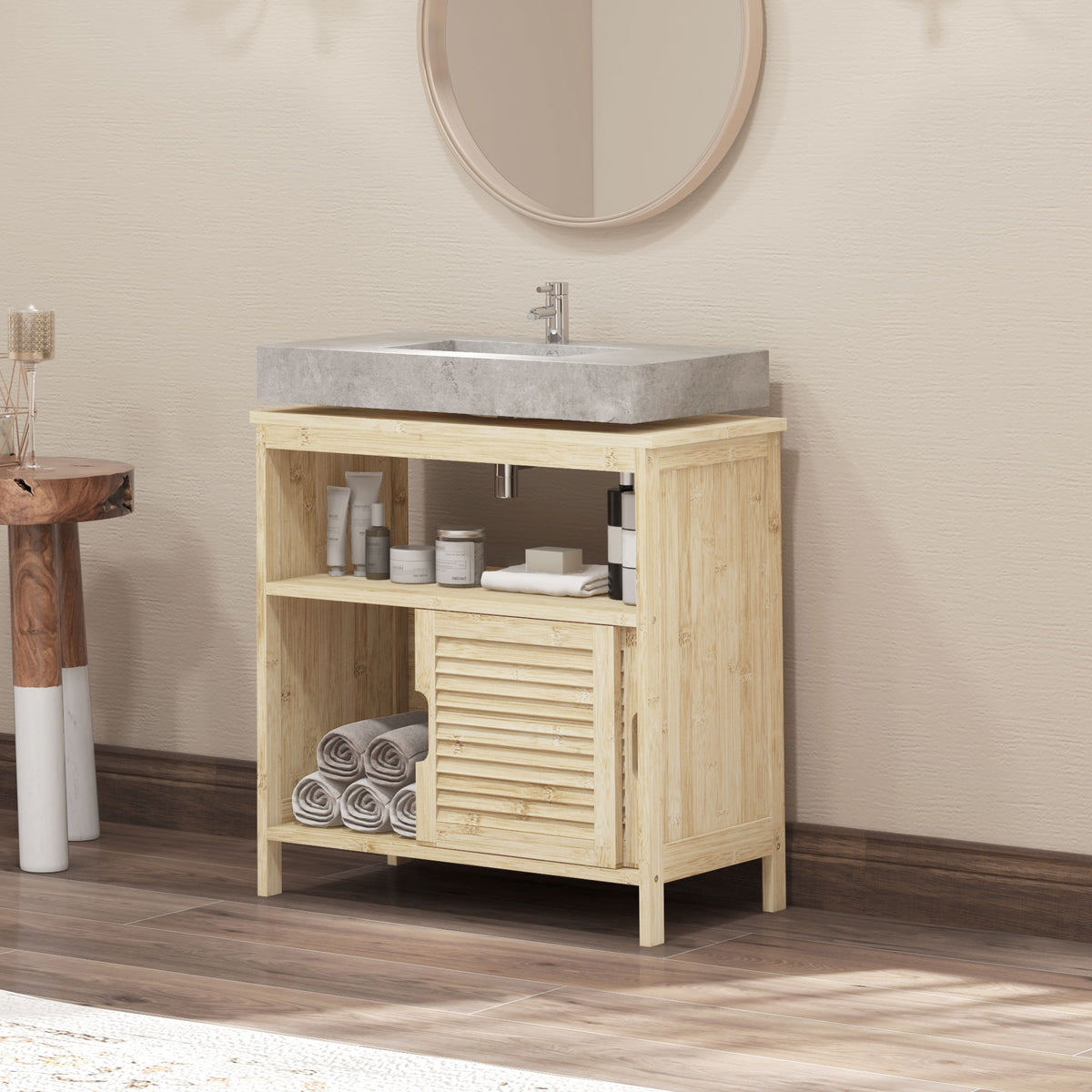 Meuble sous lavabo en Bambou, Meuble de Rangement pour Salle de Bain avec 2 Portes, 60 x 30 x 60 cm, Bois Naturel-9