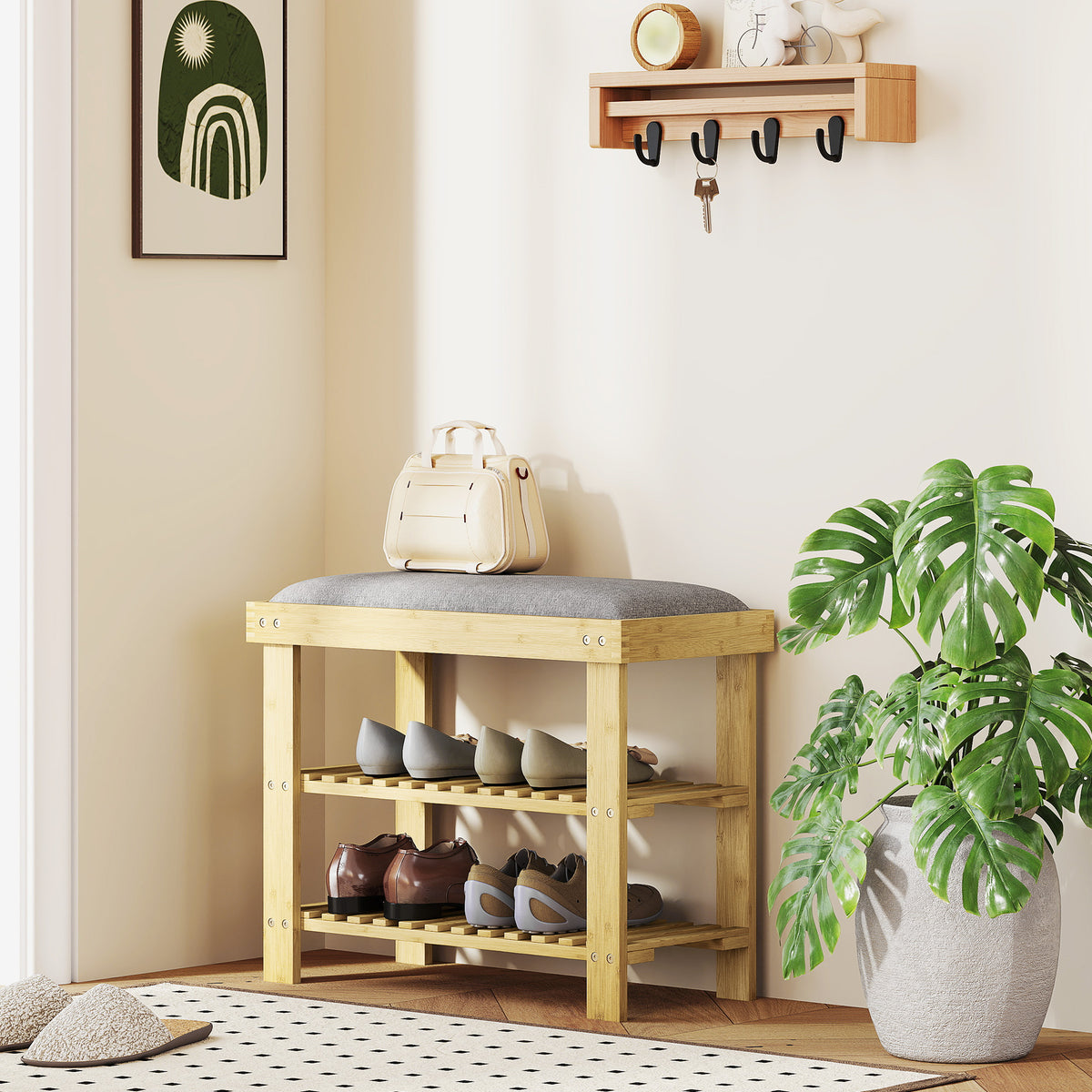 Banc à chaussures en bambou, étagère à chaussures à 3 niveaux, style scandinave, 60 x 29 x 49 cm, gris et bois naturel-1
