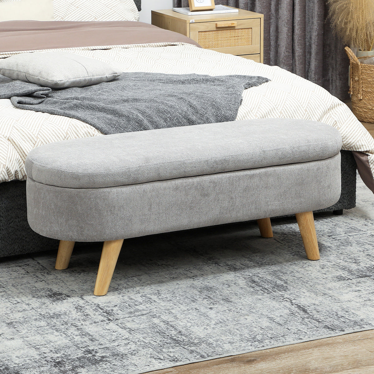 Banc banquette bout de lit coffre de rangement 2 en 1 en tissu avec pieds en bois 110l x 40P x 43H cm gris clair-1