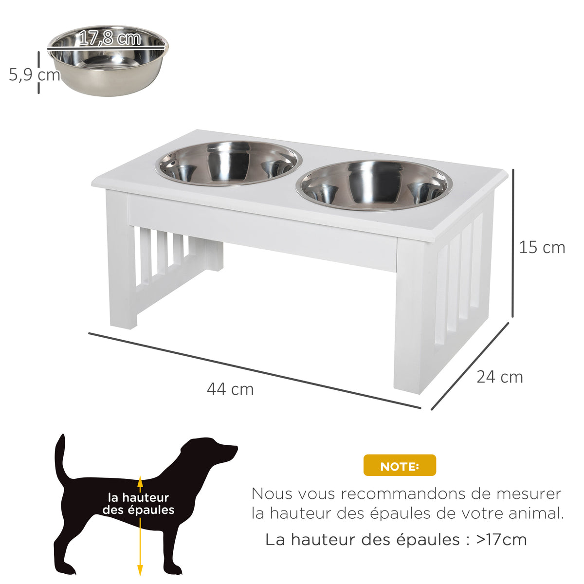 Gamelles chiens surélevées gamelle double chien chat Porte-gamelles surélevé dim. 44L x 24l x 15H cm 2 gamelles 0,9L acier inox. incluses bois blanc-2