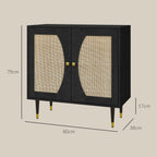 Buffet de cuisine meuble de rangement design bohème double portes avec 2 niveaux, façade en rotin 80 x 38 x 79 cm noir-2