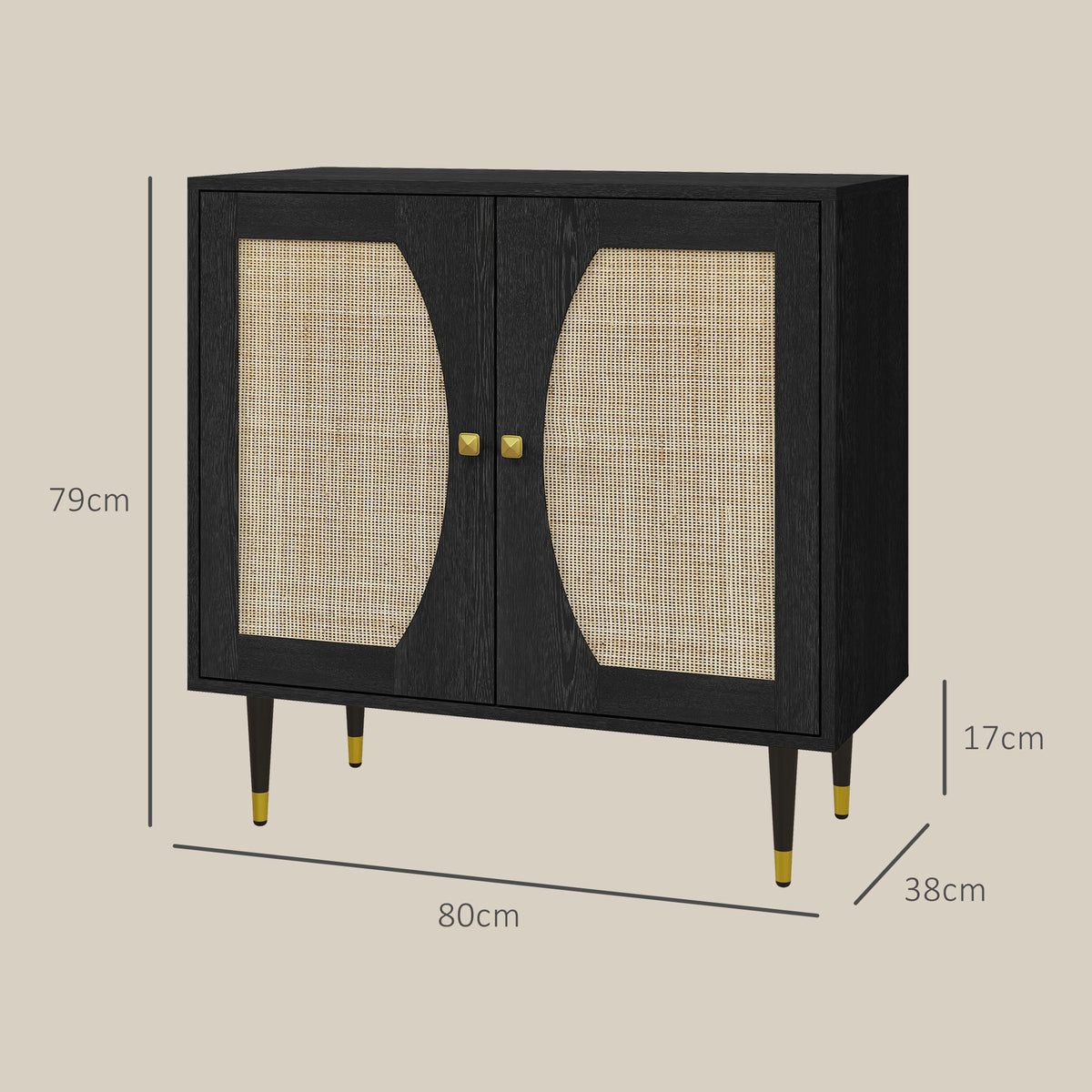Buffet de cuisine meuble de rangement design bohème double portes avec 2 niveaux, façade en rotin 80 x 38 x 79 cm noir-2