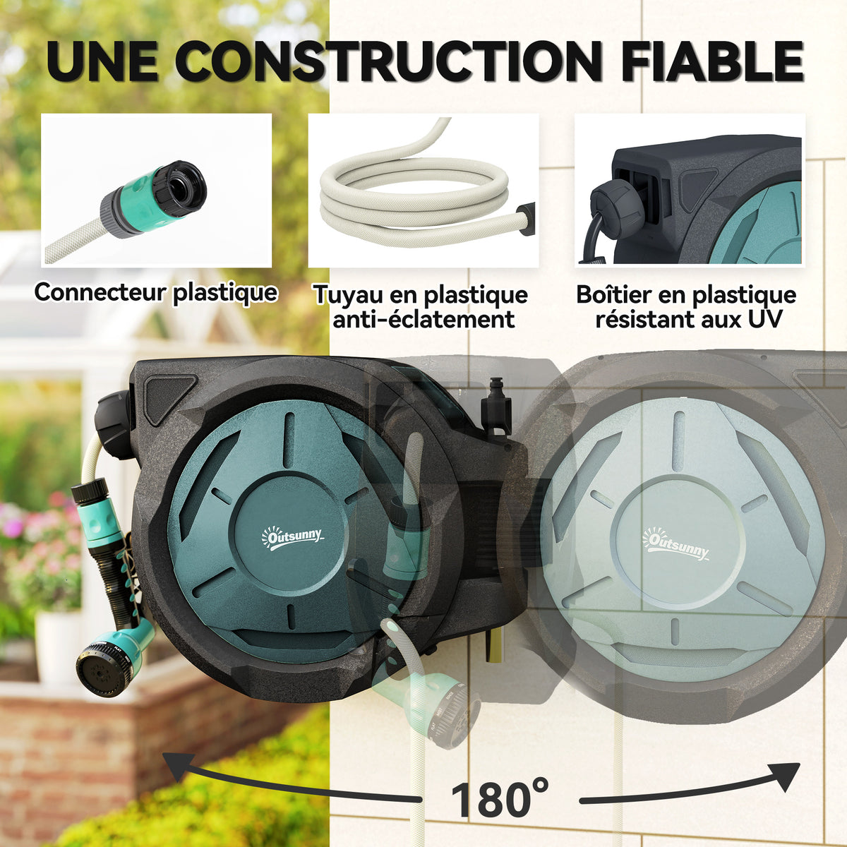 Enrouleur Tuyau Arrosage Mural 25 m x Ø 15 mm Dévidoir Automatique de Tuyaux d'Eau Rétractable Automatique vert-4