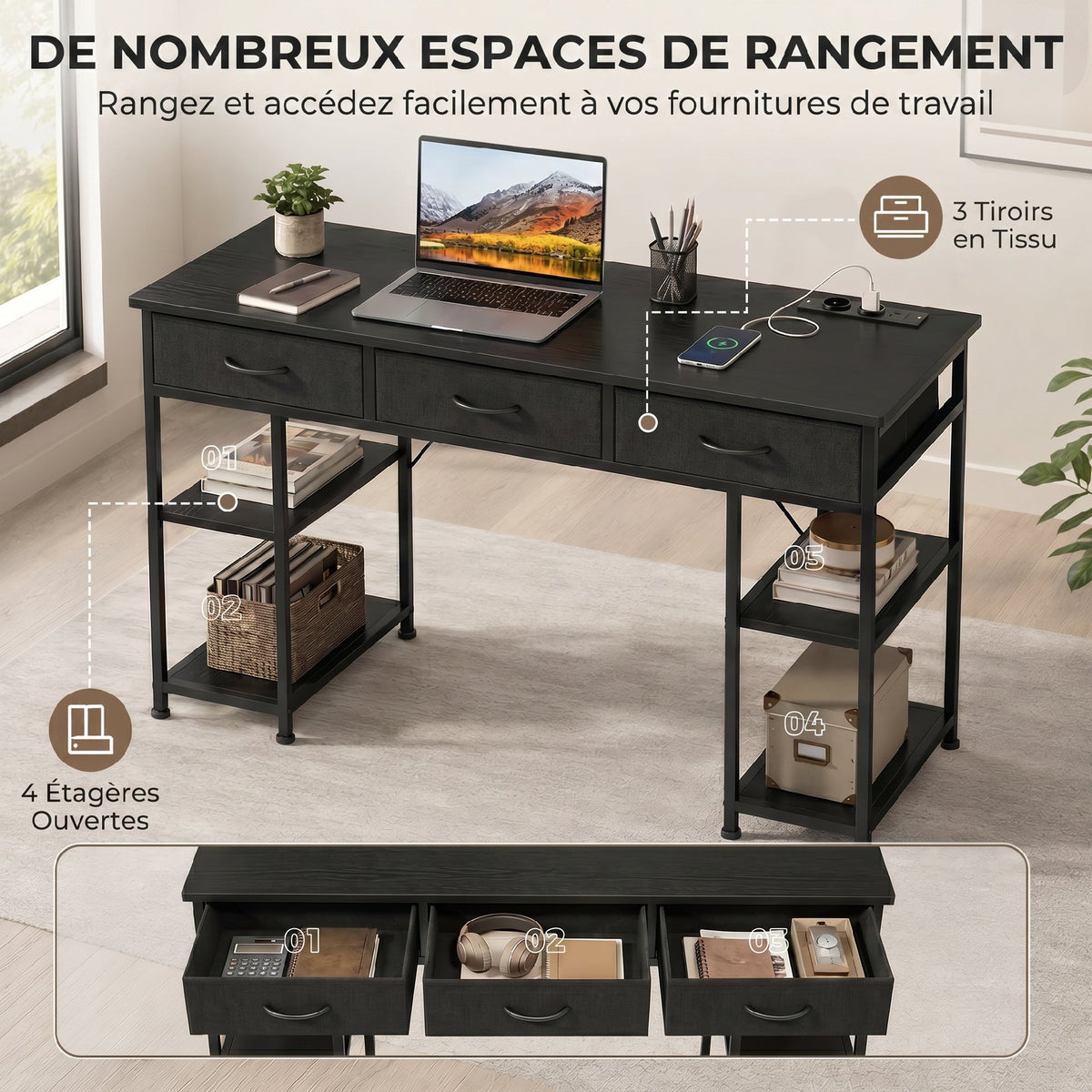 Bureau avec rangement avec prises de courant, 3 tiroirs en tissu et 4 étagères de rangement, 120 x 40 x 76 cm, noir-3