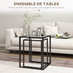 Lot de 2 tables basse gigogne, tables d'appoint empilable, plateau verre trempé cadre acier, patins antidérapants, noir-3