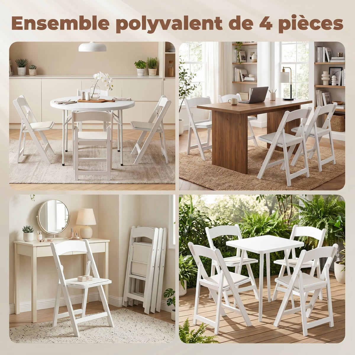 Lot de 4 chaises pliantes en résine et PU, chaises pliantes portables pour intérieur et extérieur, 45x44x78cm, blanc-6
