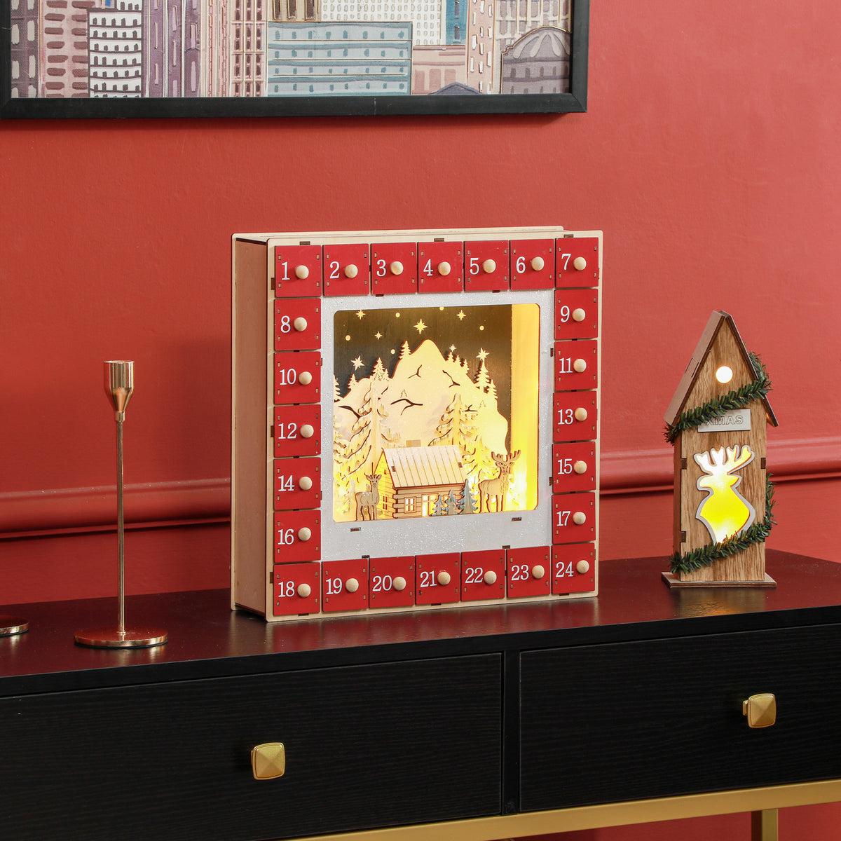 Calendrier de l'Avent LED, décorations de Noël en bois, 24 tiroirs à remplir, décoration lumineuse, rouge-1