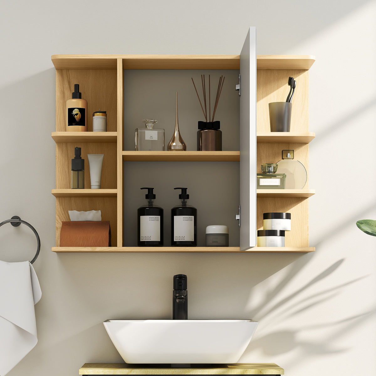 Armoire murale salle de bain avec miroir, meuble salle de bain avec étagères ouvertes, 80 x 20 x 59 cm, bois naturel-6