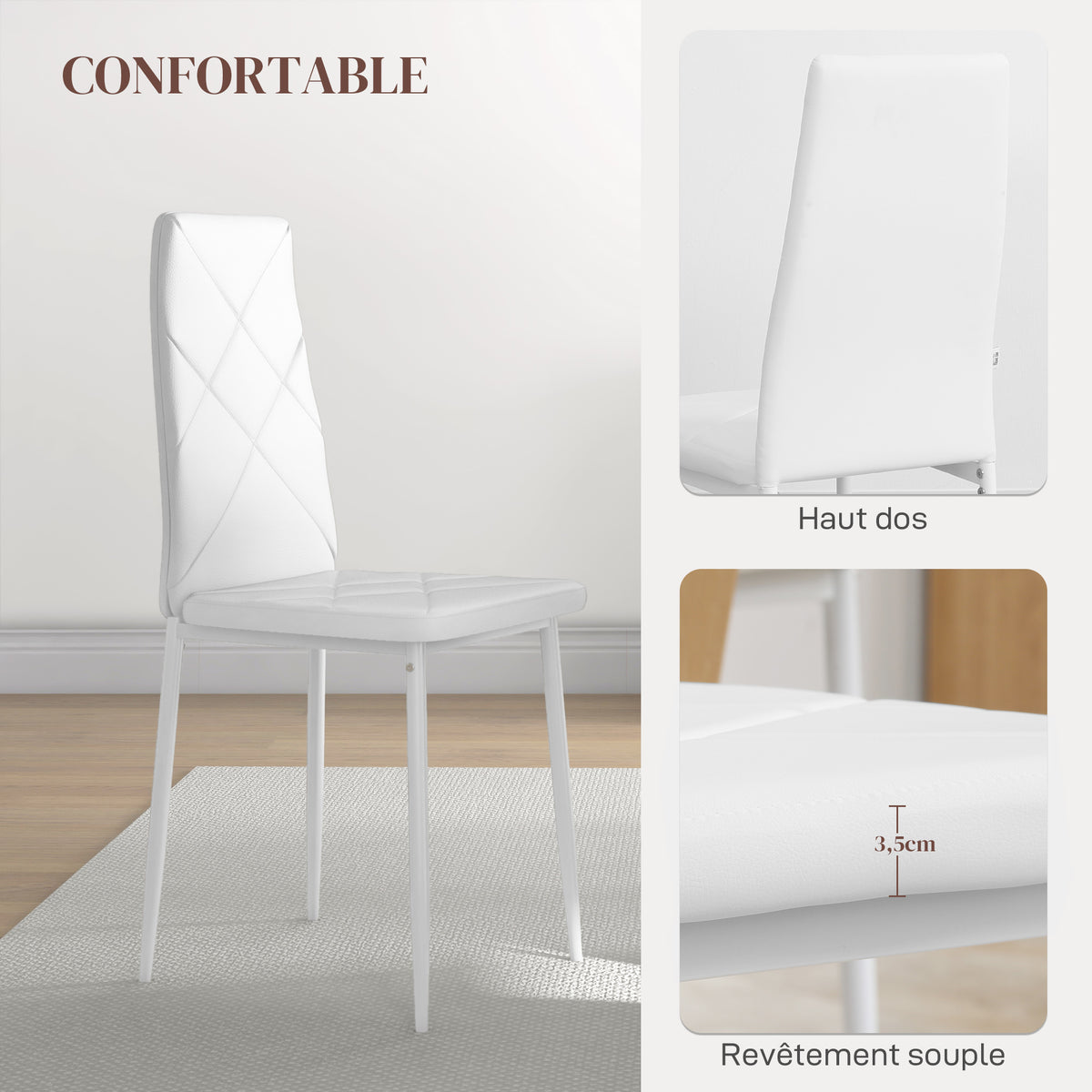 Lot de 2 chaises de salle à manger avec dossier haut, revêtement synthétique et pieds en acier, blanc-5