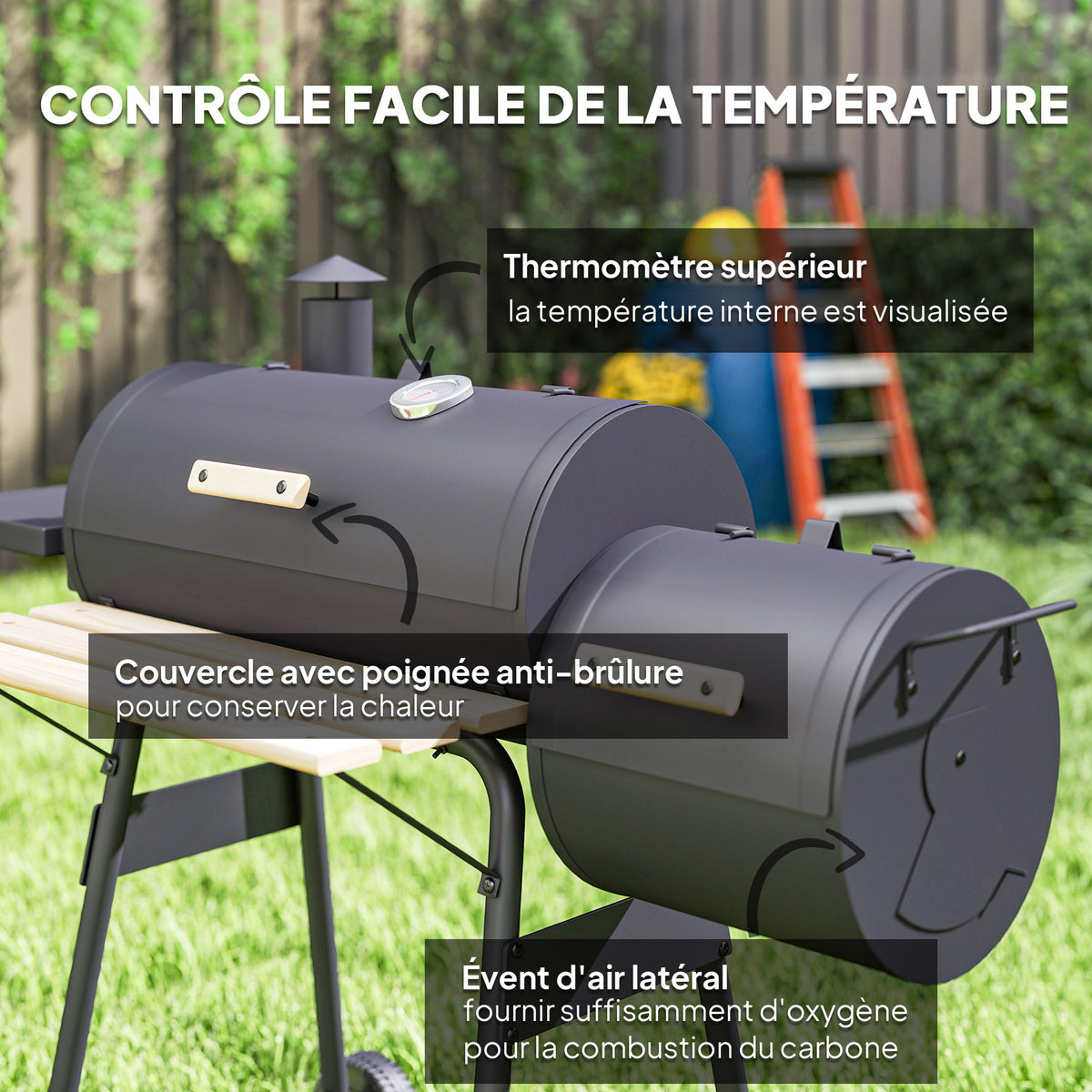 Barbecue à Charbon fumoir BBQ Grill Smoker sur Pied avec Couvercle, roulettes, thermomètre, étagères Noir-5