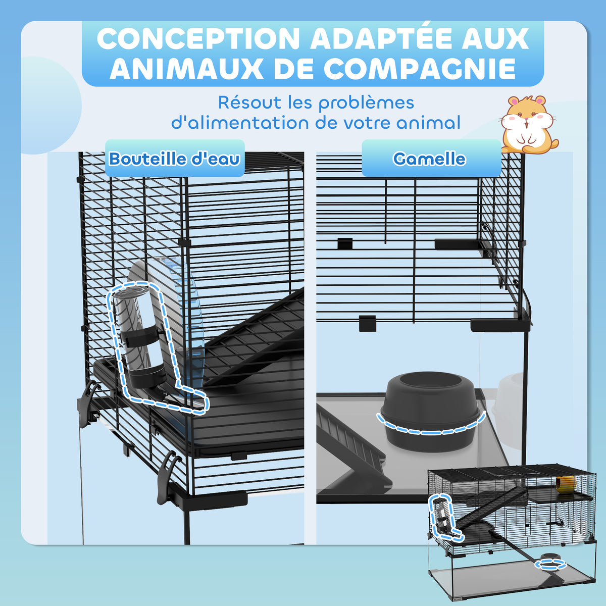 Cage hamster cage rongeur 3 niveaux avec roue rampes maisonnette abreuvoir mangeoire 76,5L x 48,5l x 54,5H cm noir-4