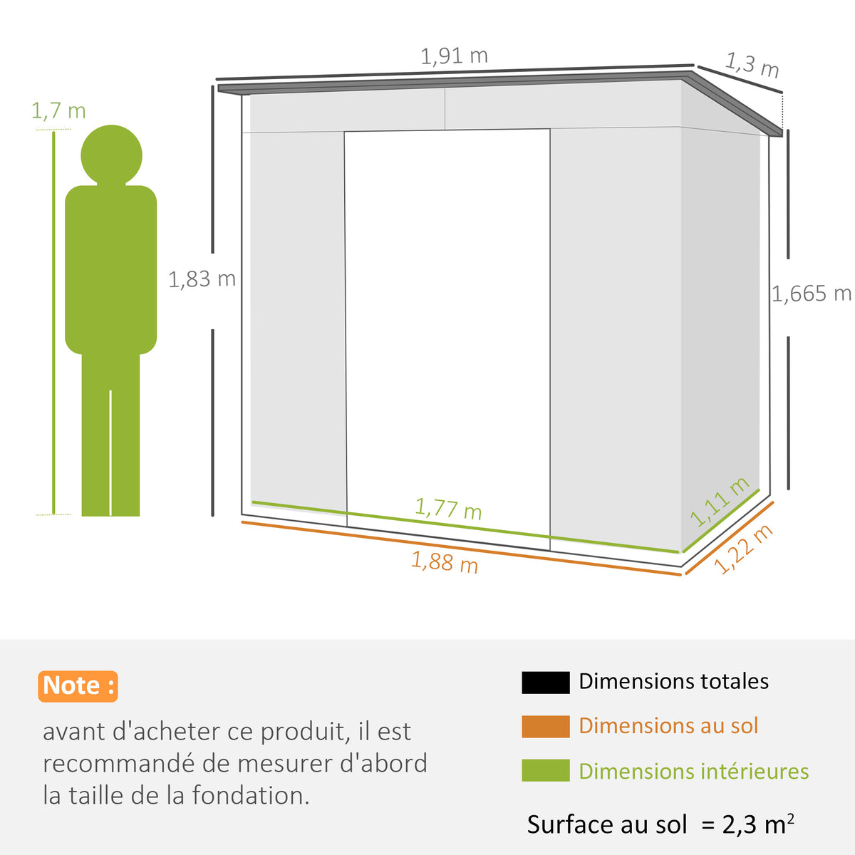 Abri de jardin 2,3m² - pour Outils - cabanon Porte verrouillable - dim. 191L x 130P x 166,5-183H cm - acier-2