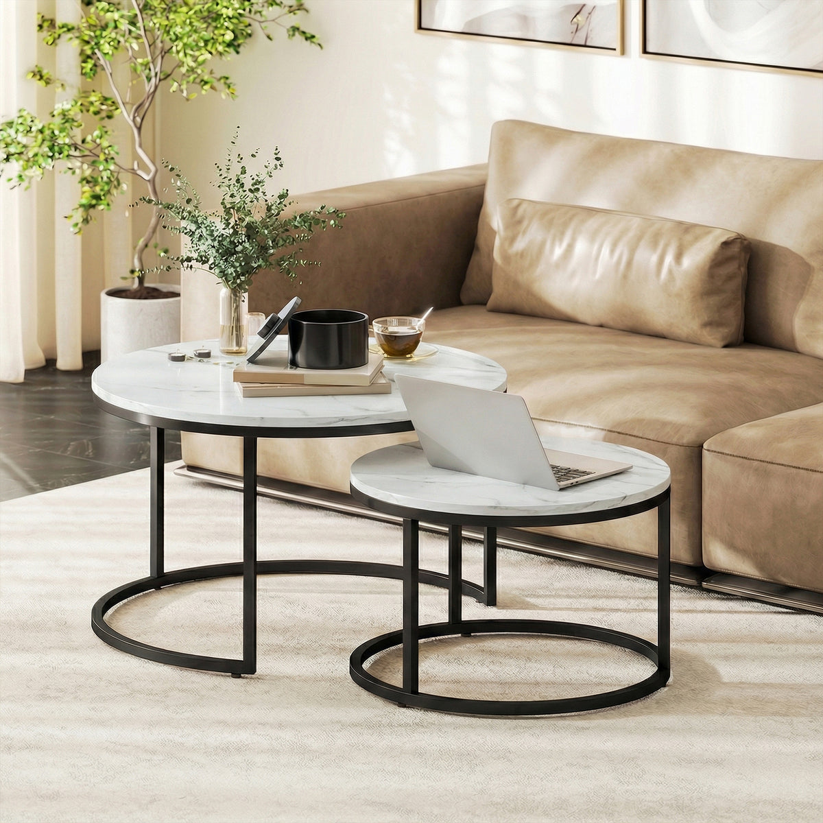 Lot de 2 tables basses gigognes empilable design industriel pieds en métal blanc-1