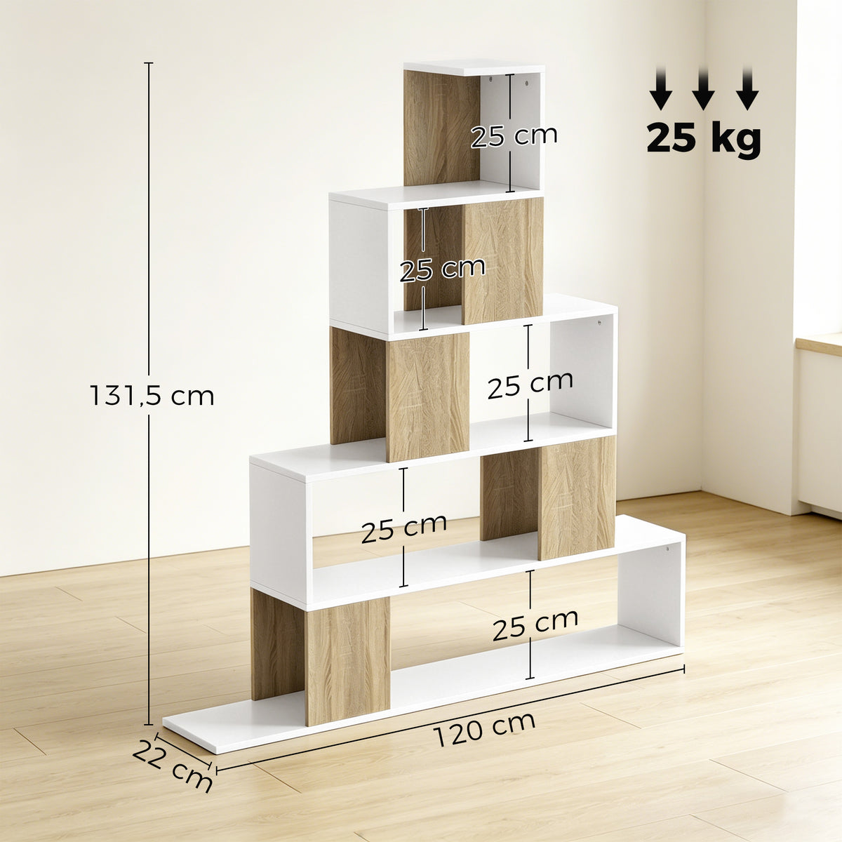 Étagère de rangement, bibliothèque géométrique à 5 niveaux, pour bureau, salon, chambre, blanc et bois naturel-2