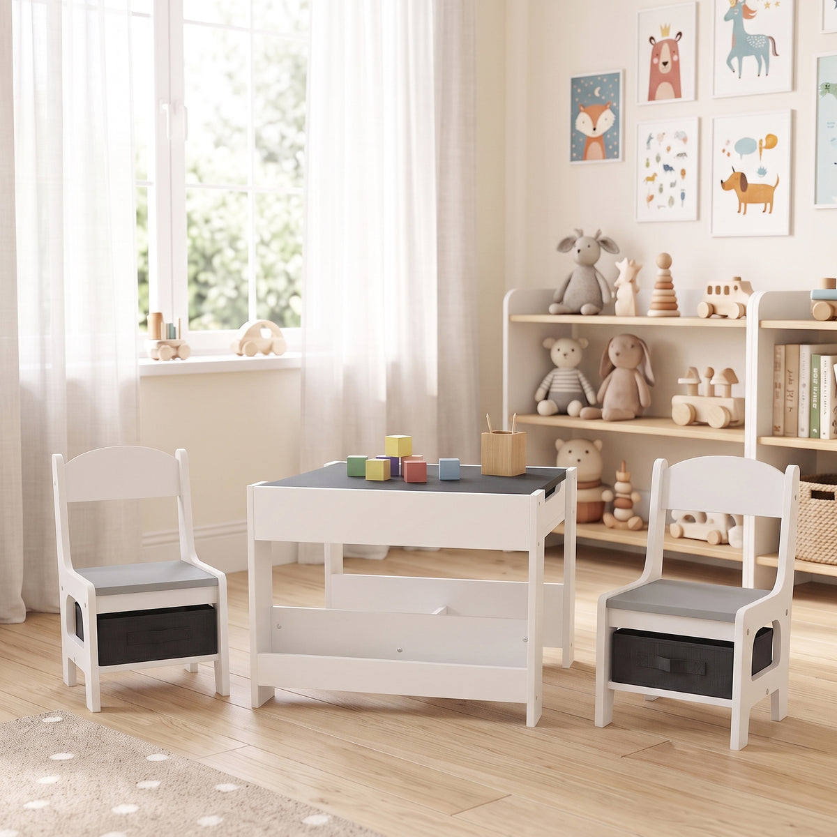 Ensemble 3 pièces table et 2 chaises pour enfant avec plateau réversible tableau noir, panier de rangement, étagères-1