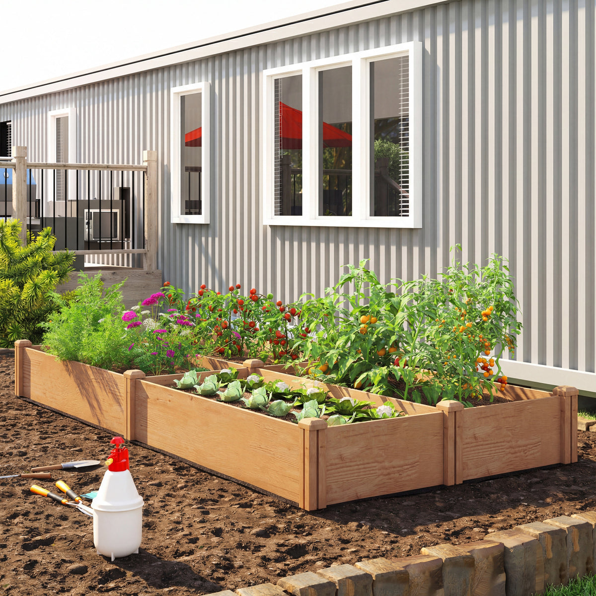 Carré Potager en Bois Lit de Jardin Surélevé 4 Zones de Culture Fond Ouvert Montage sans Outil 234x109x25cm Marron Clair-1