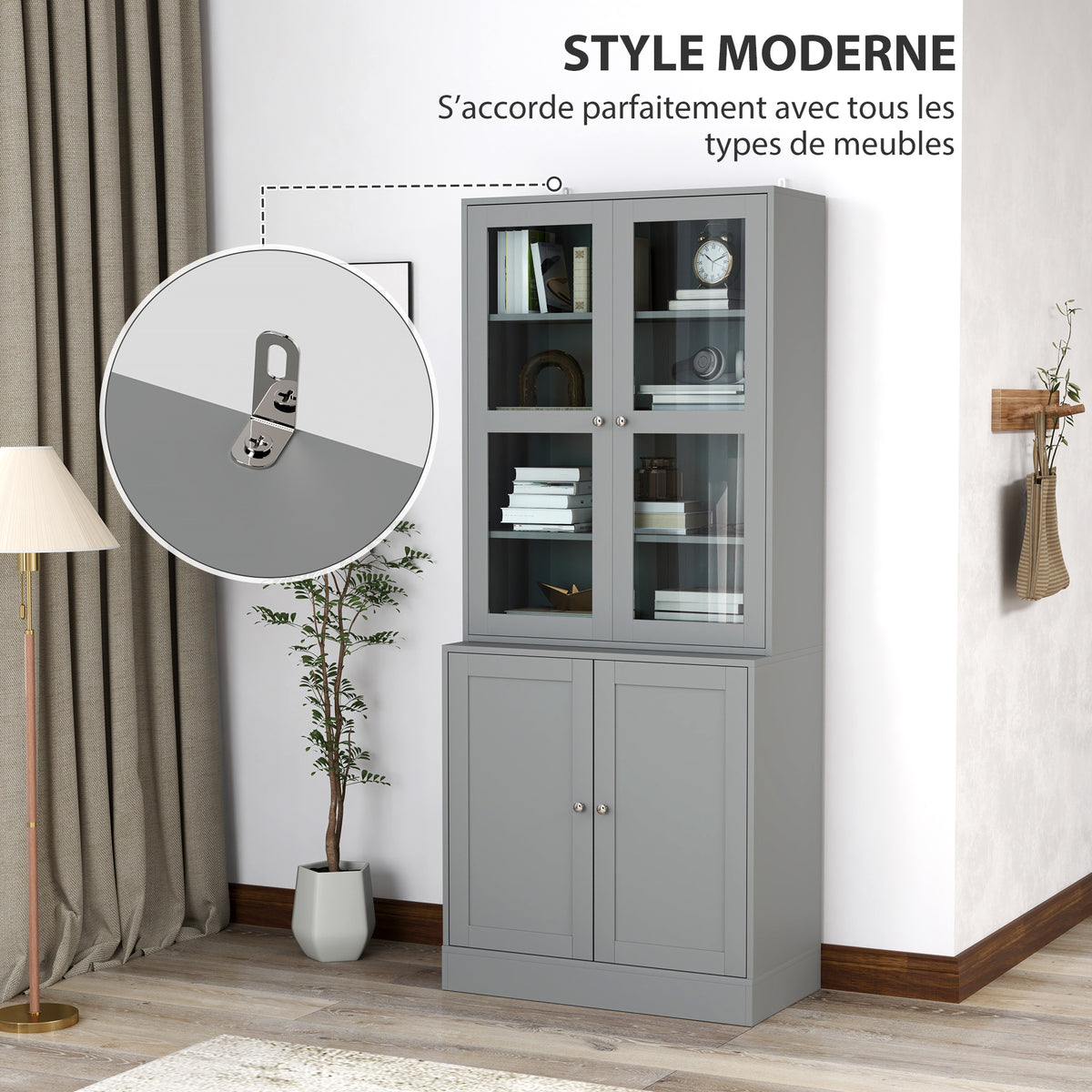 Bibliothèque vitrine, meuble de rangement à 6 niveaux avec 4 portes dont 2 en verre trempé, étagères réglables, gris-3