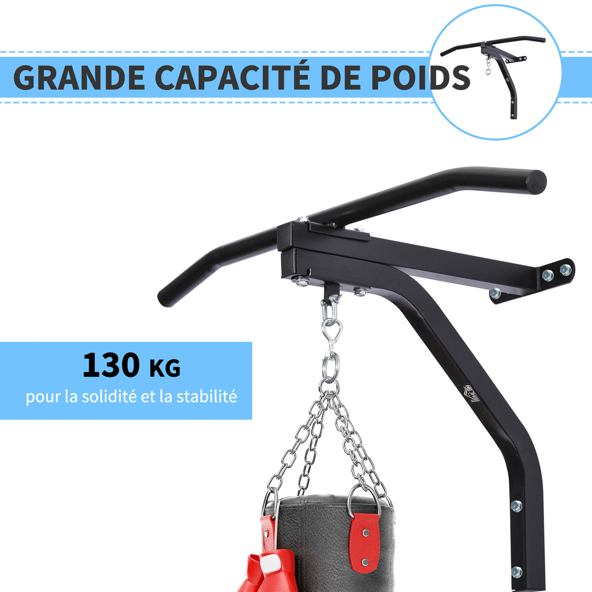 Support sac de boxe fixation sac de frappe barre de traction intégrée charge max. 130 Kg acier noir-4
