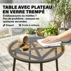 Salon de Jardin Extérieur 3 Pièces en Résine Tressée, Table en Verre Trempé, 2 Fauteuils avec Coussins, 62x73x79cm, Crème-6