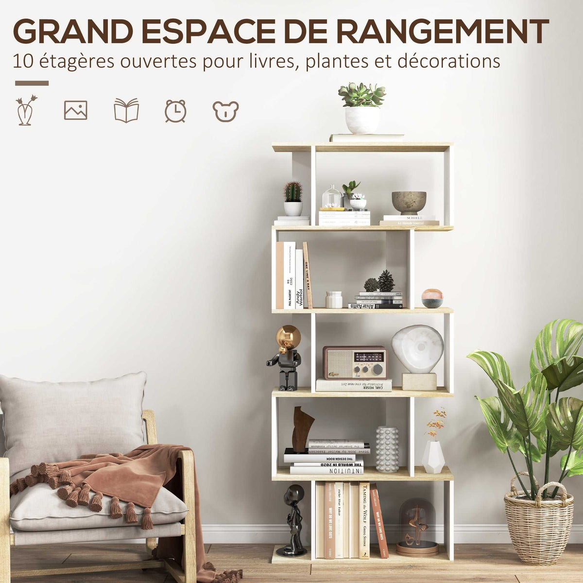 Bibliothèque style scandinave meuble de rangement 5 étagères anti-basculement Charge 25 kg aspect bois & Blanc-3
