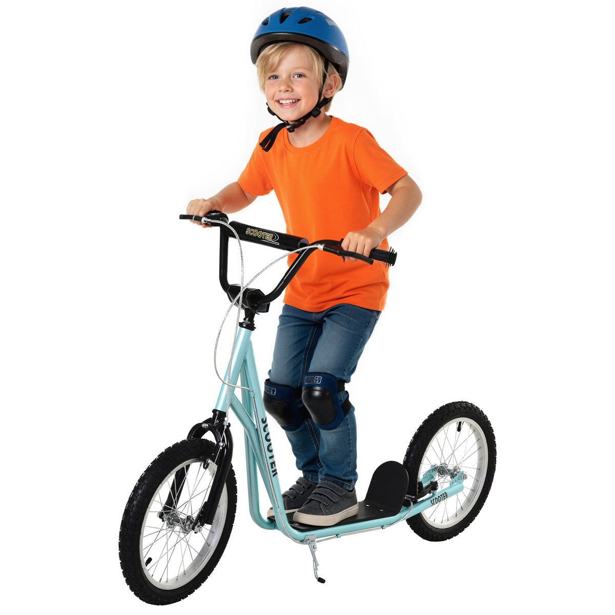 Trottinette patinette enfants partir 5 Ans Grands pneus Caoutchouc Guidon réglable poignée Frein 100 Kg Bleu-0