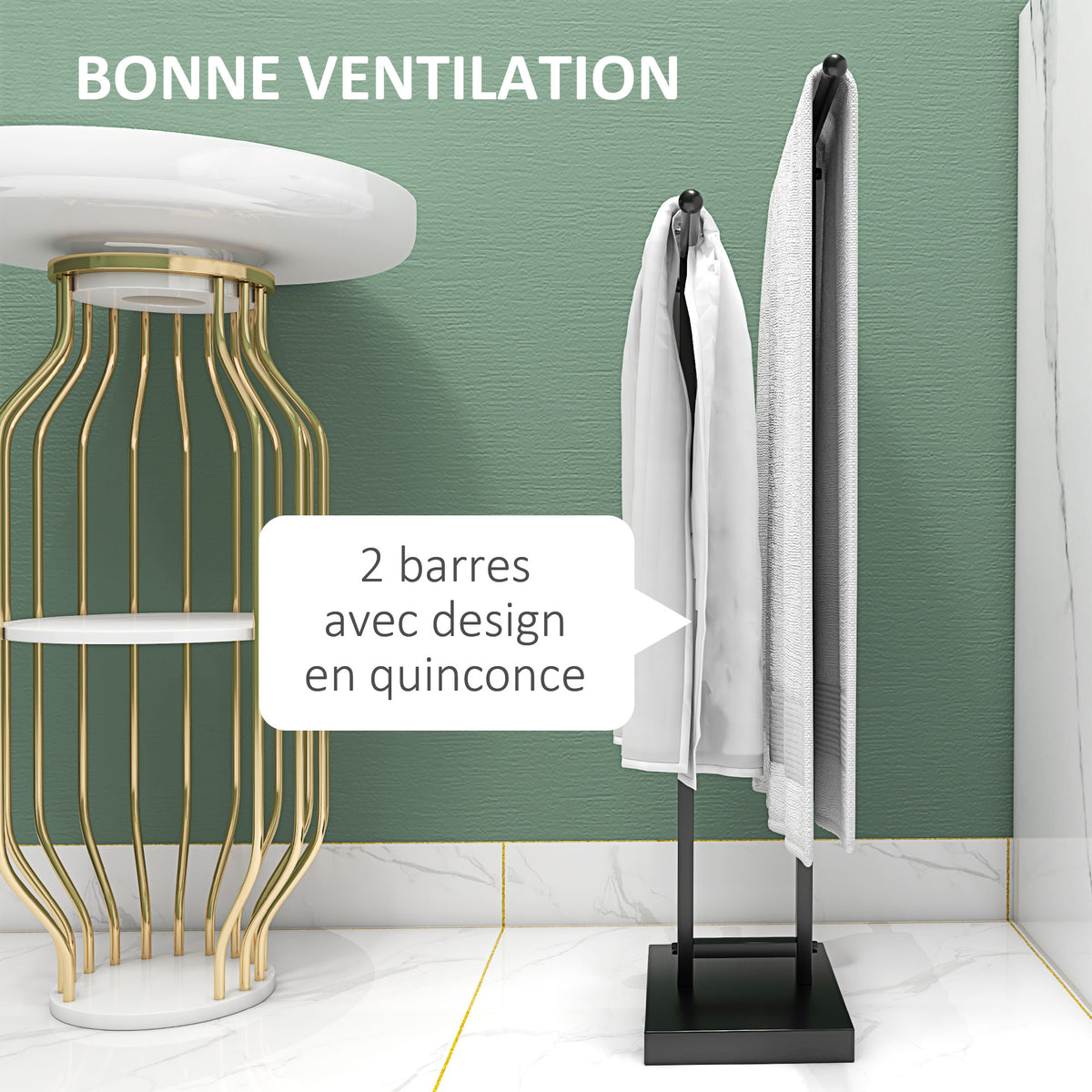 Porte-serviettes sur pied autoportant 2 niveaux en métal pour la salle de bain, dim. 50l x 18,5P x 85H cm, noir-3
