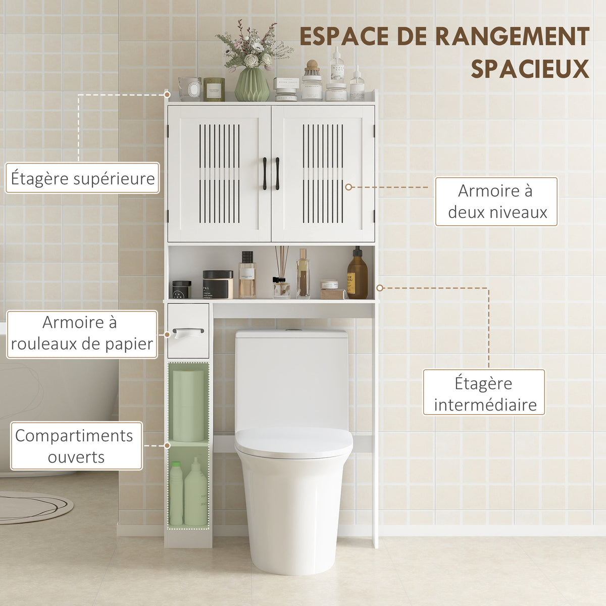 Meuble WC dessus de toilette meuble salle de bain avec placard à porte double et porte-papier 80x19,5x170cm blanc-3