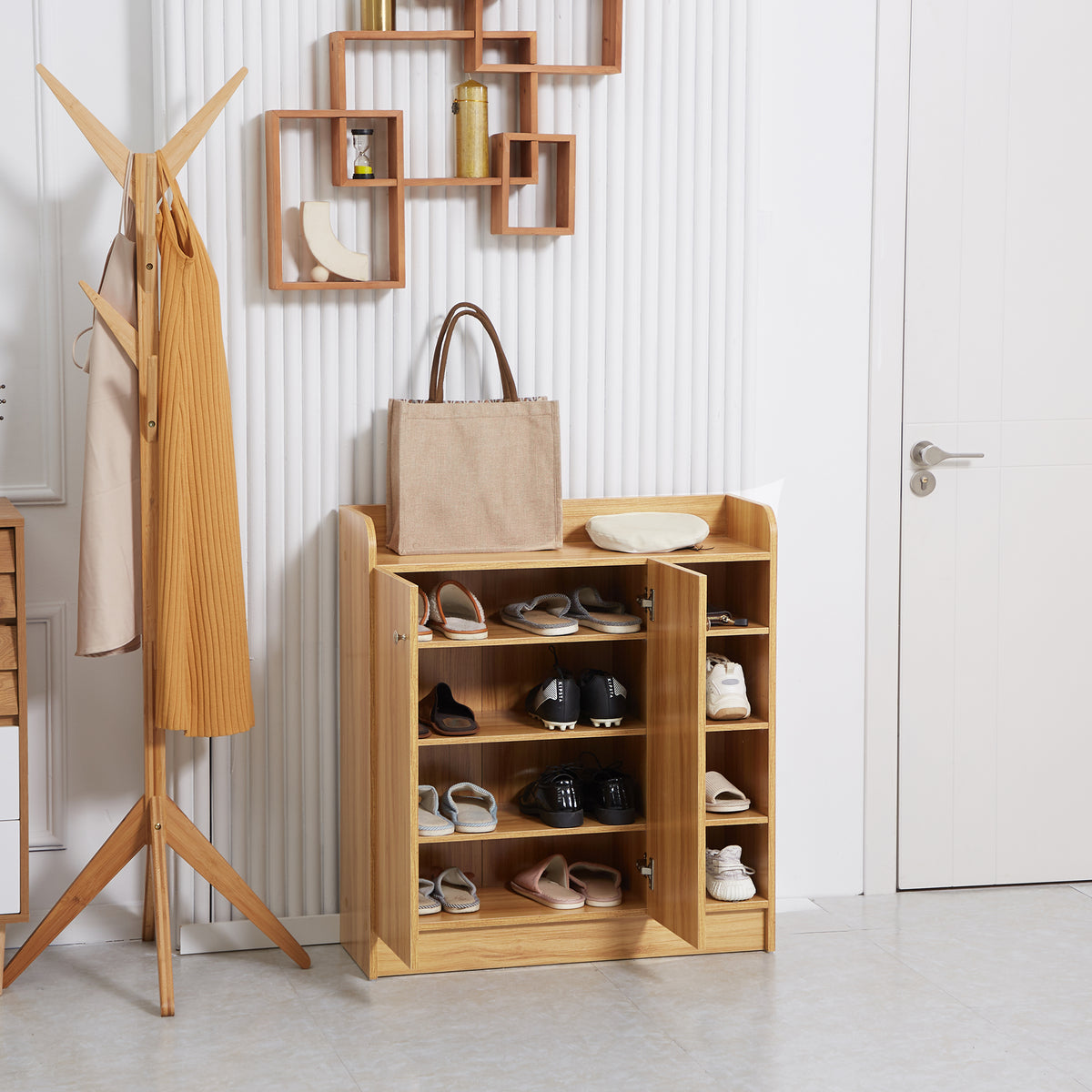 Meuble de rangement à chaussures pour entrée avec 4 compartiments ouverts et placard double porte - étagère réglable-6