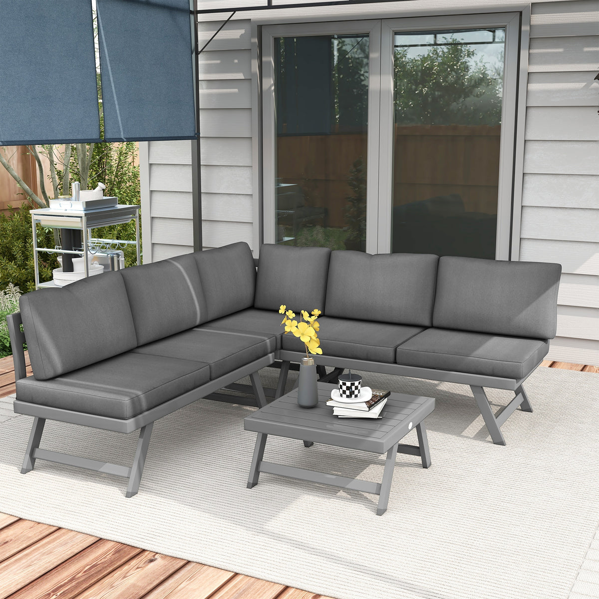 Ensemble salon de jardin d'angle et convertible 4 pièces avec 2 banquettes, 1 fauteuil d'angle et 1 table basse-1