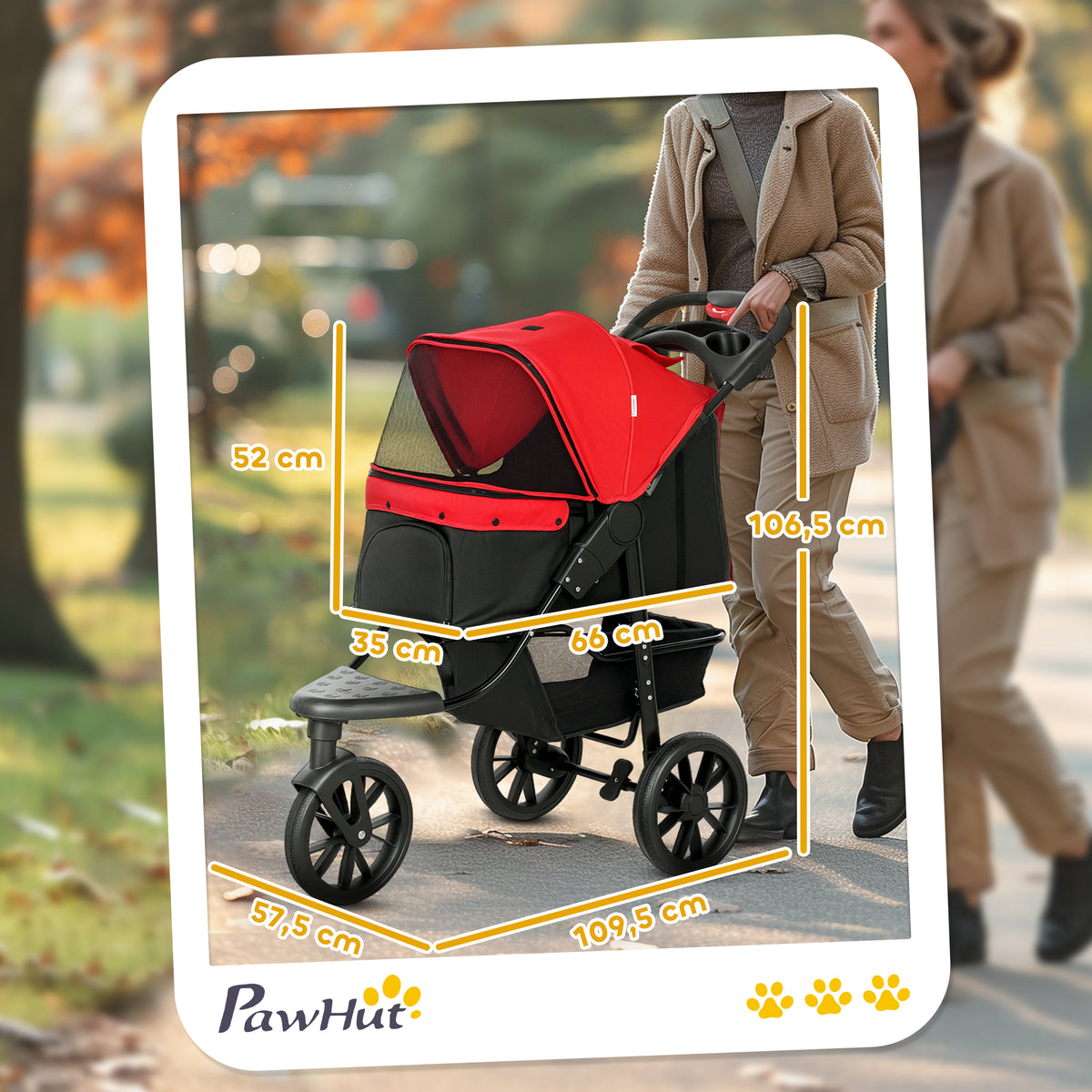 Poussette pour chien chariot pliable 3 roues tout-terrain EVA 12" auvent ajustable 2 laisses 109,5x57,5x106,5cm rouge-2