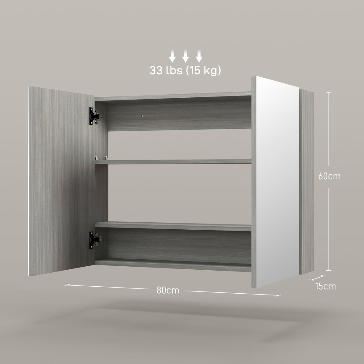 Armoire murale salle de bain avec miroir, meuble salle de bain, double portes et étagères réglables, 80x15x60cm, gris-2