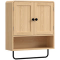 Armoire murale de salle de bain, meuble de rangement suspendu avec 2 portes, étagère ouverte, porte-serviettes, chêne-0