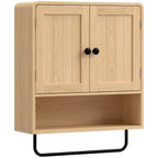 Armoire murale de salle de bain, meuble de rangement suspendu avec 2 portes, étagère ouverte, porte-serviettes, chêne-0