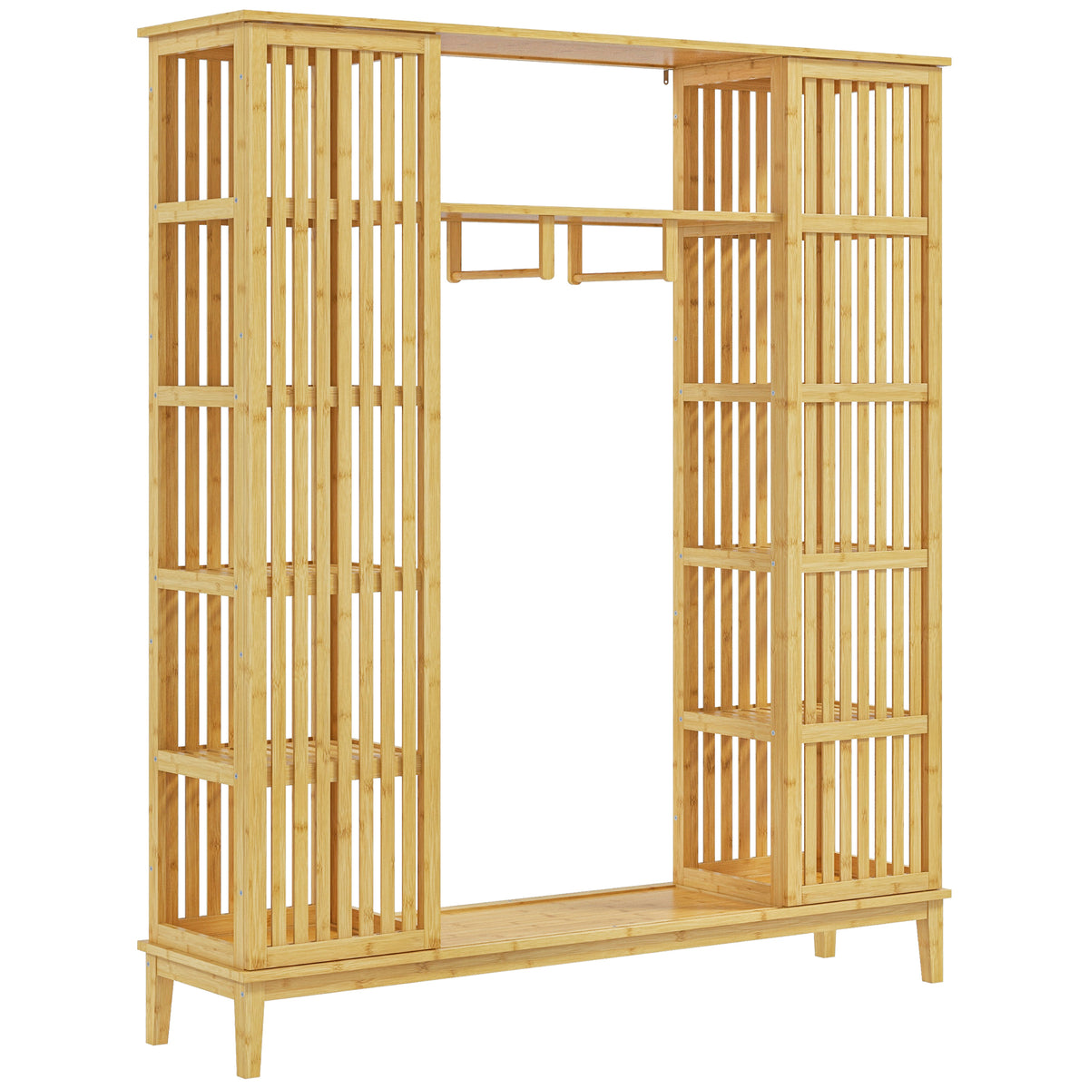Armoire en bambou avec 2 portes coulissantes, étagères et tringle, grande armoire pour la chambre, 145 x 35 x 165cm-0