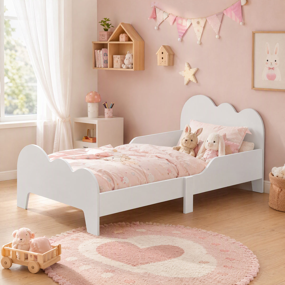 Lit enfant lit au sol enfant 70x140 cm avec barrière de sécurité, sommier à lattes inclus et décorations de nuage, blanc-9